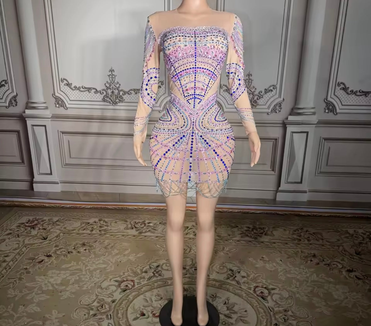 Sexy Color Rhinestone Full Sleeve See Through Dress