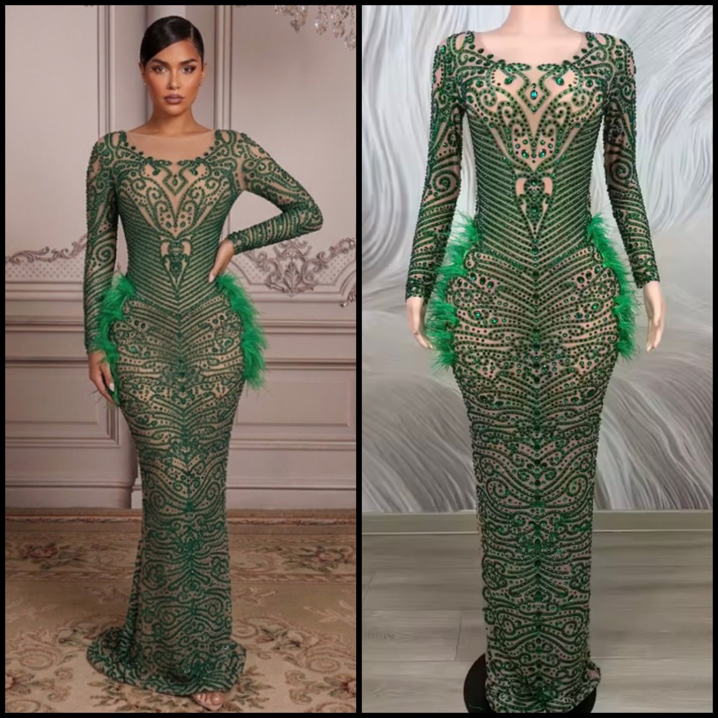 Sexy Green Feather Rhinestone Embellishment Maxi Dress