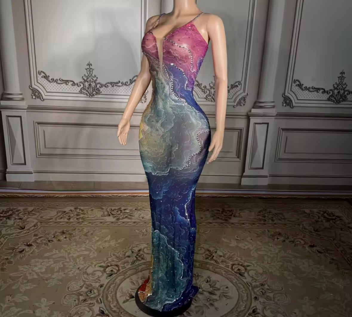 Sexy Sleeveless Multicolored Rhinestone See Through Maxi Dress