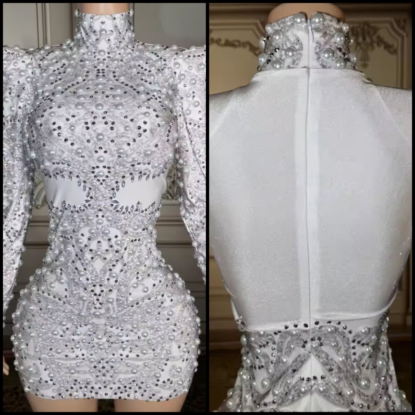 Women White Sexy Beaded Rhinestone Full Sleeve Dress