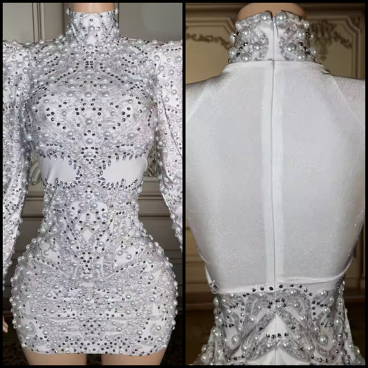 Women White Sexy Beaded Rhinestone Full Sleeve Dress