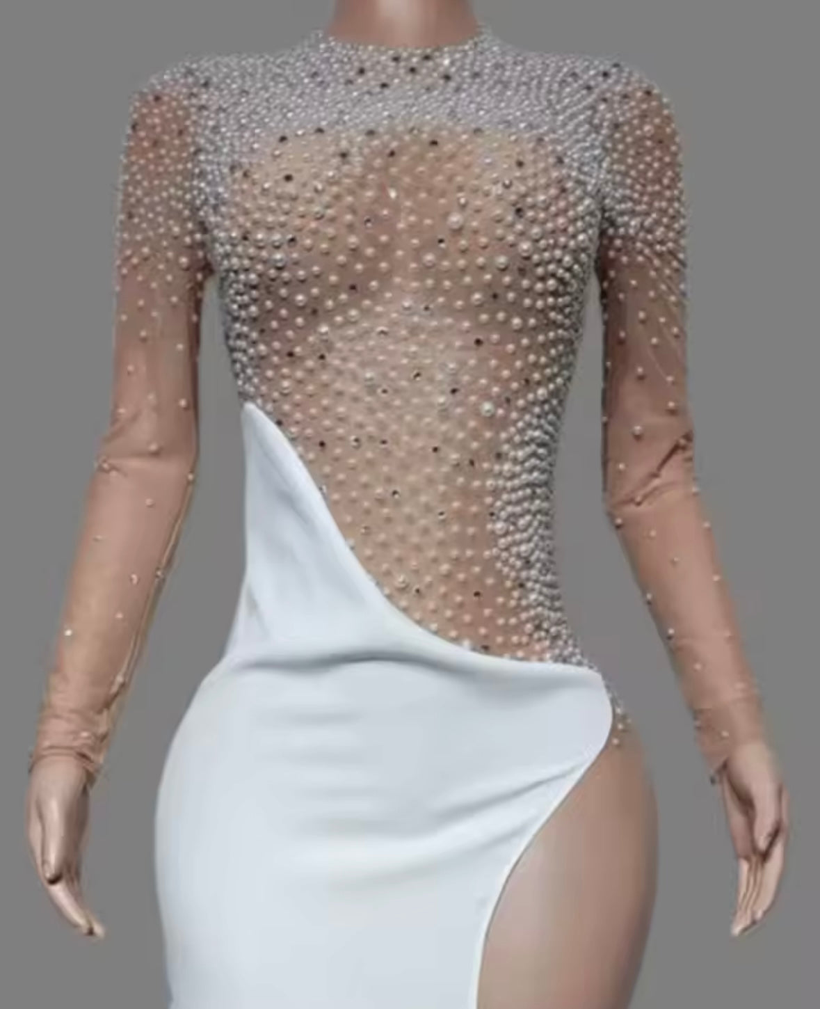 Sexy Beaded Rhinestone White Side Split Maxi Dress