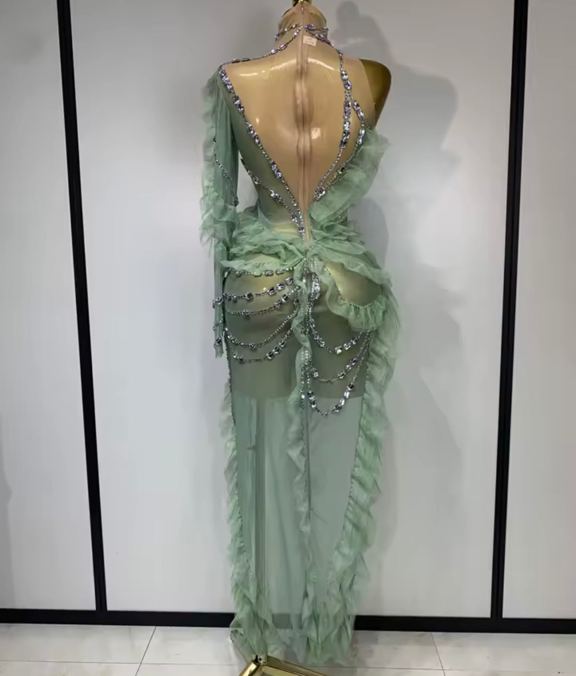 Sexy Green One Shoulder Ruffled Rhinestone See Through Dress
