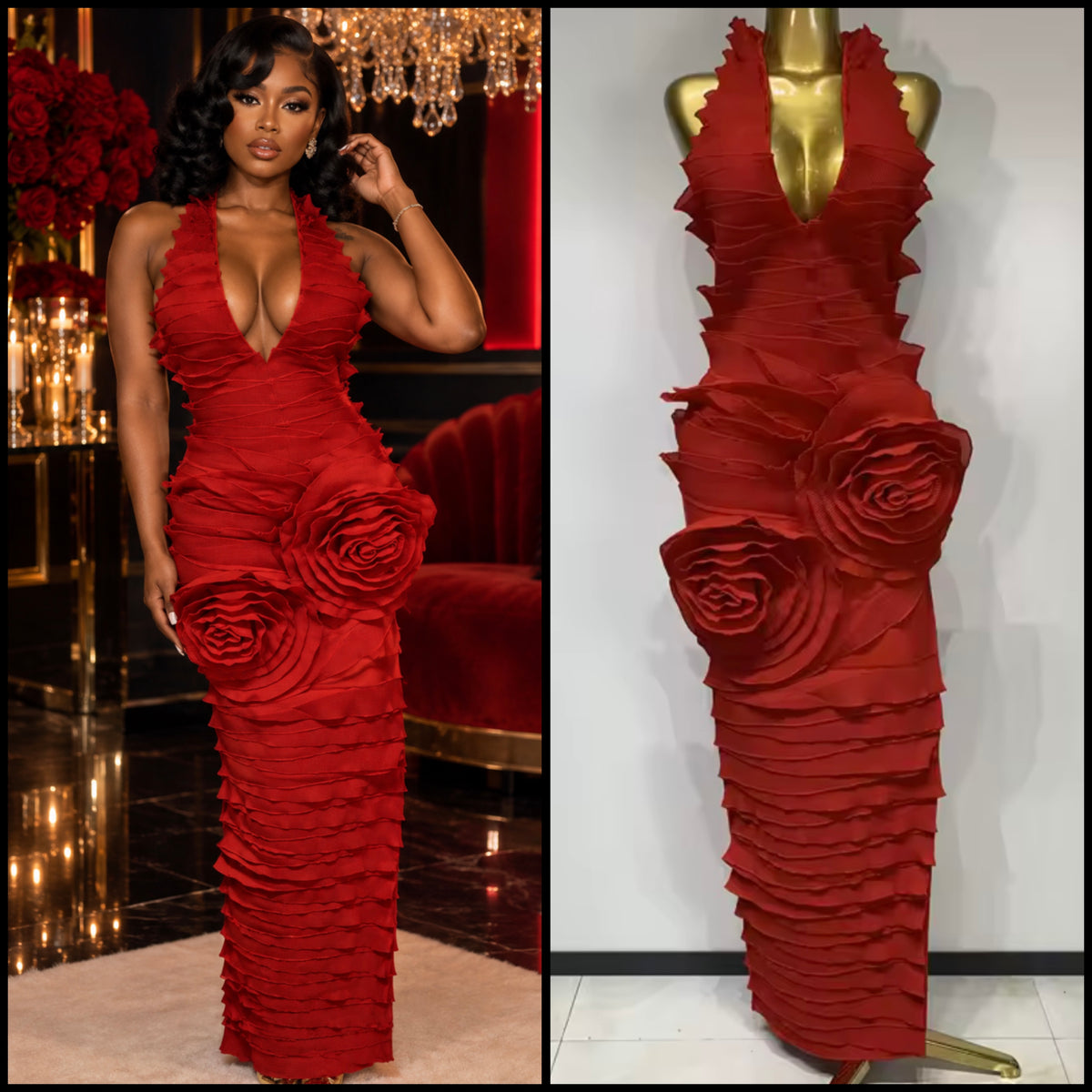 Red Sexy Halter Sleeveless Ruffled Maxi Dress