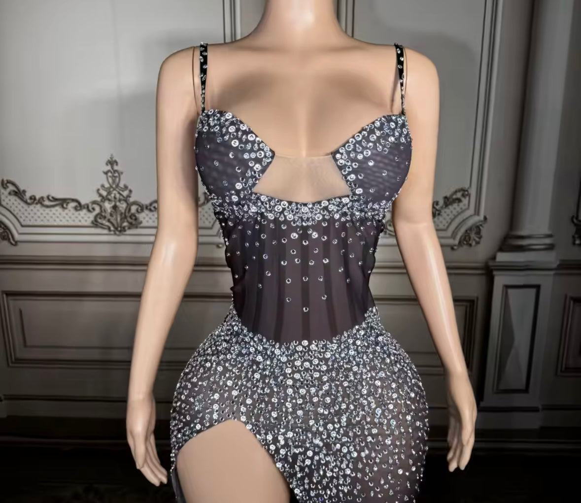 Black Sexy Sleeveless See Through Rhinestone Maxi Dress