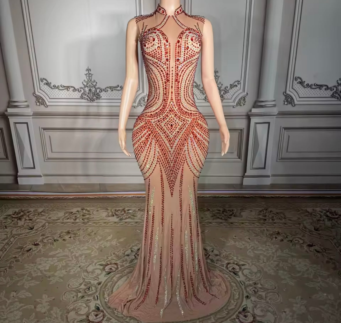 Sexy Sleeveless See Through Red Rhinestone Floor-Length Dress