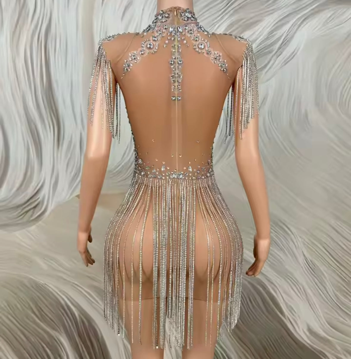 Sexy Rhinestone Tassel See Through Sleeveless Dress