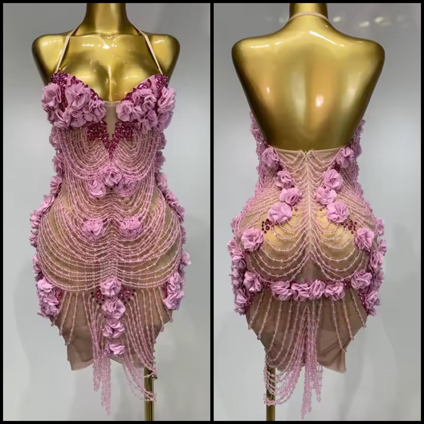 Pink Halter Sleeveless Beaded Rhinestone Sexy Dress