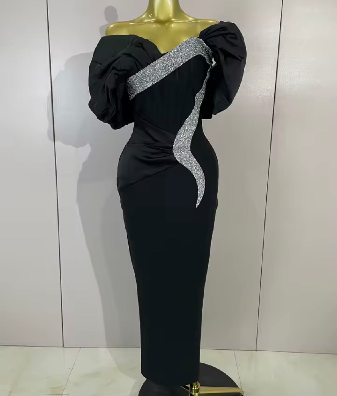 Elegant Puff Sleeve Shiny Rhinestone Maxi Dress