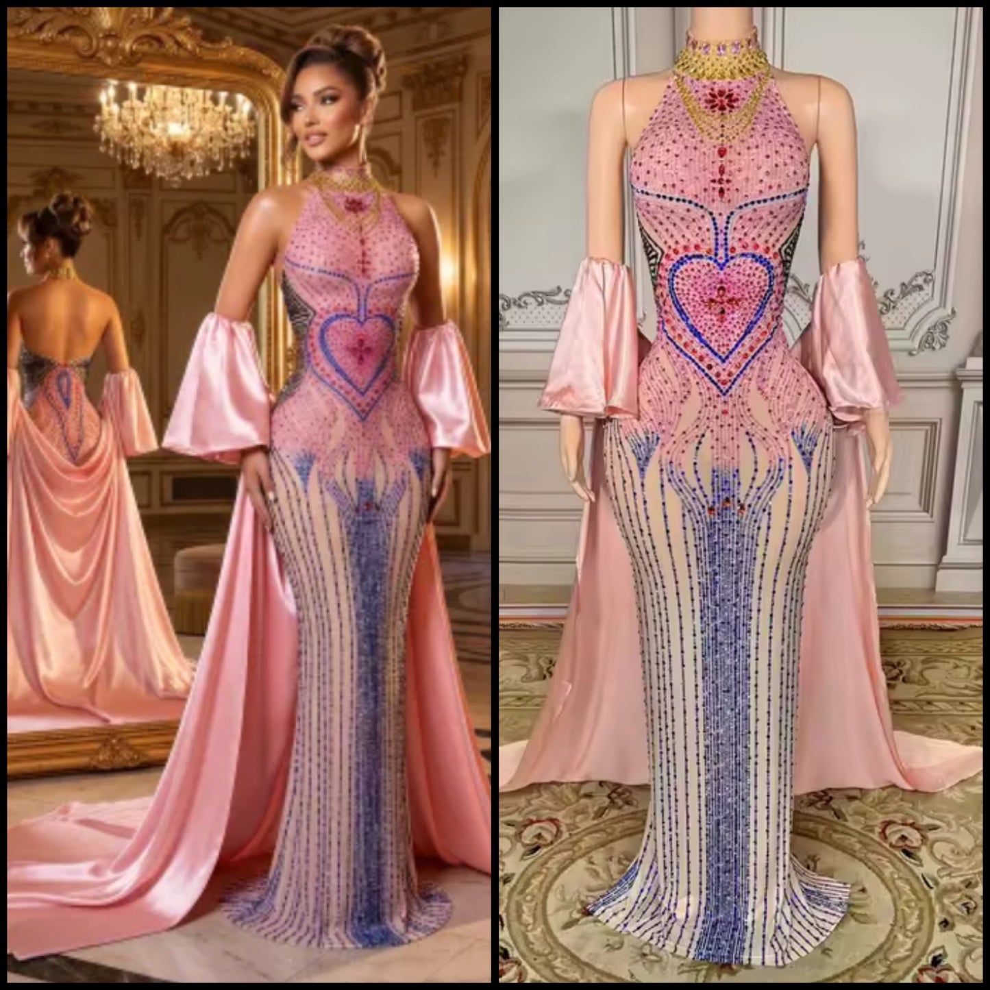 Sexy Halter Sleeveless Color Rhinestone Glove Mermaid Dress
