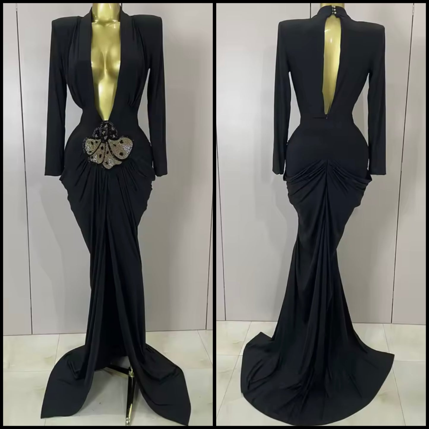 Sexy Black Deep V-Neck Full Sleeve Beaded Maxi Dress
