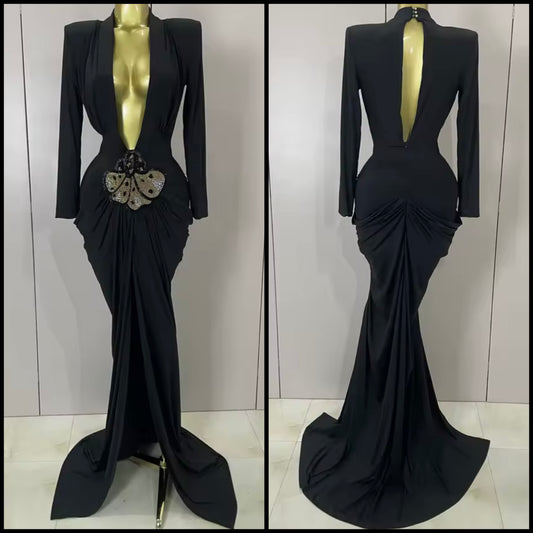 Sexy Black Deep V-Neck Full Sleeve Beaded Maxi Dress
