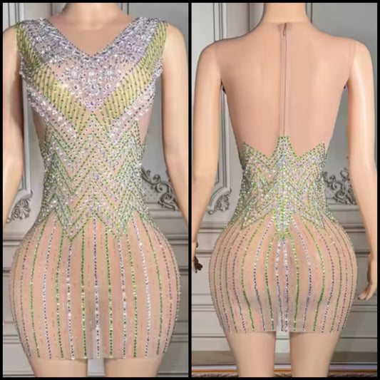 Sexy Sleeveless See Through Rhinestone Embellishment Dress