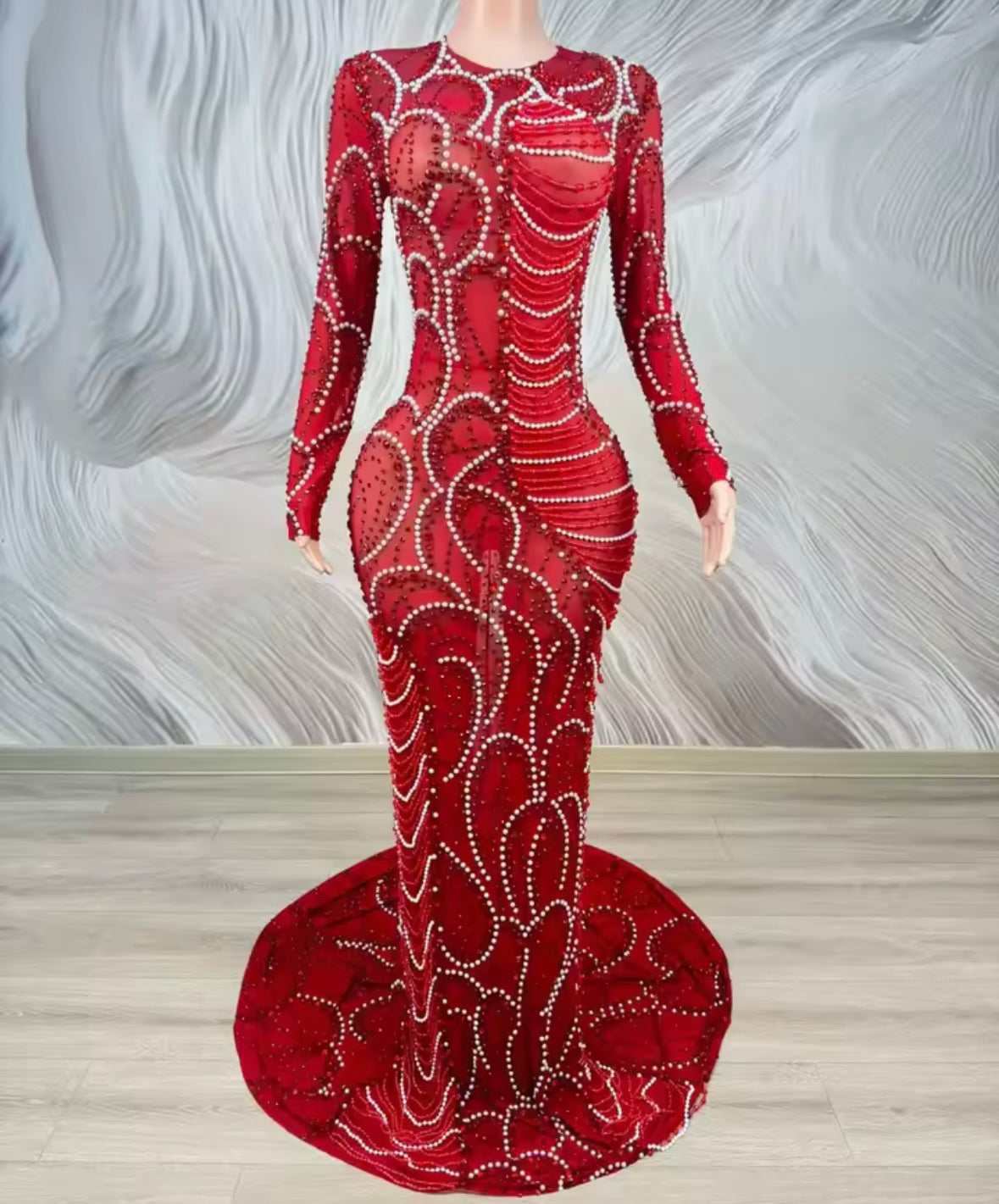 Elegant Pearl Rhinestone Embellishment Floor-Length Dress