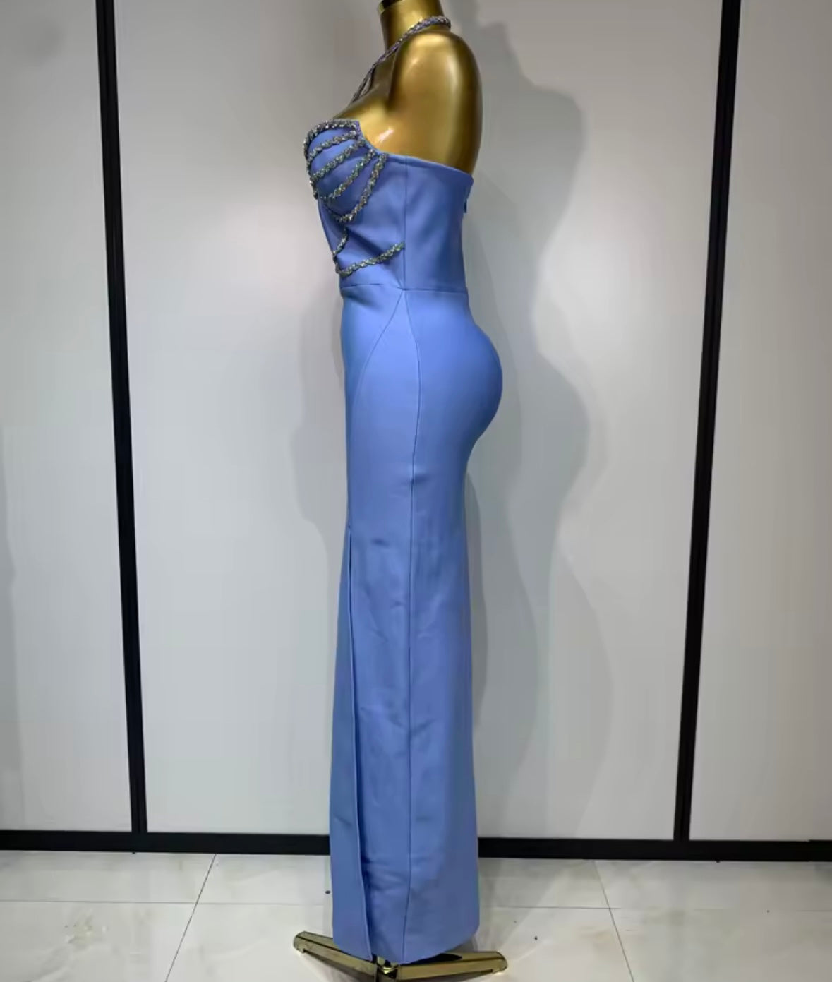 Sexy Blue Rhinestone Halter Bandage Floor-Length Dress