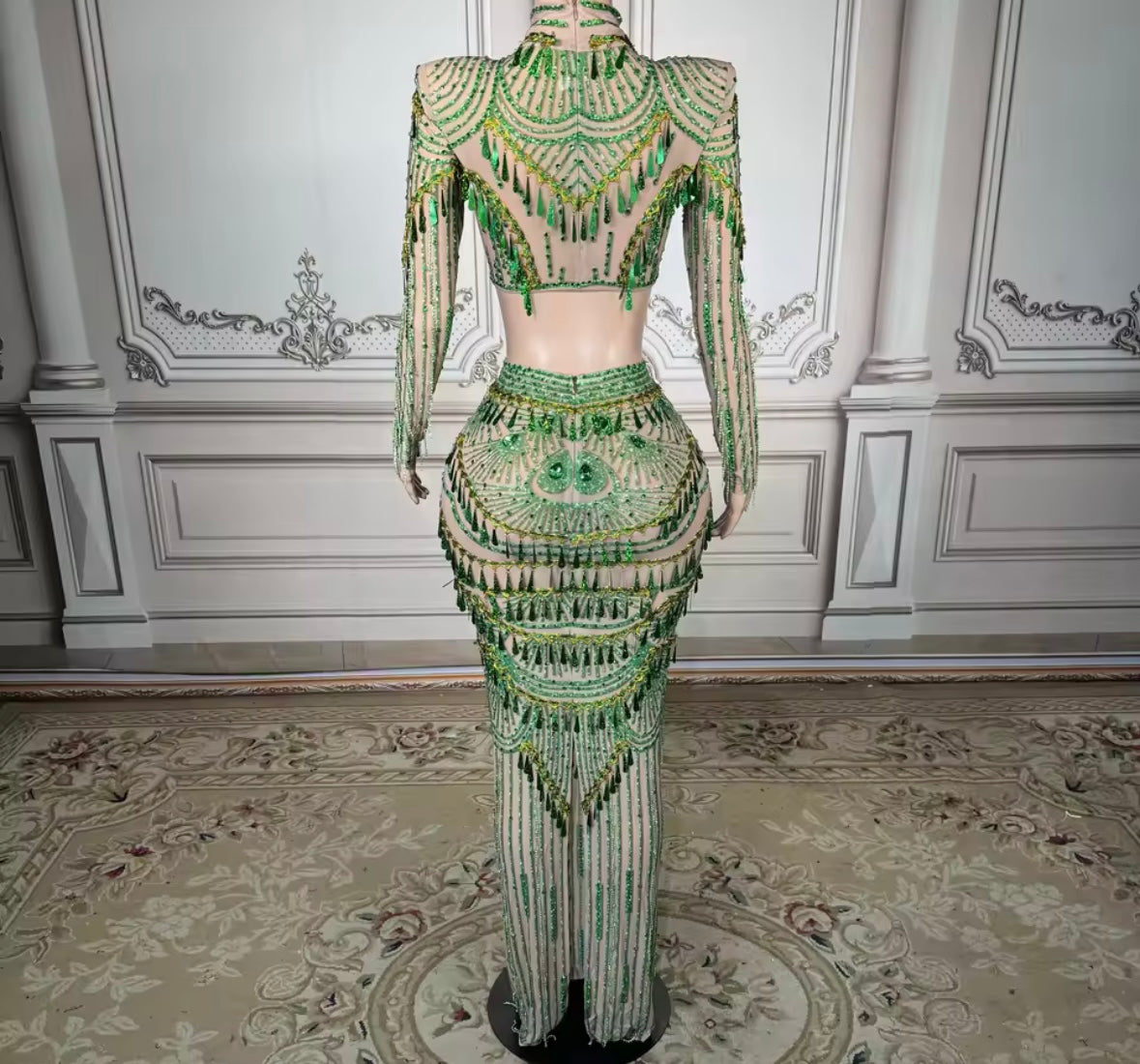 Green Sexy See Through Full Sleeve Rhinestone Tassel Skirt Set