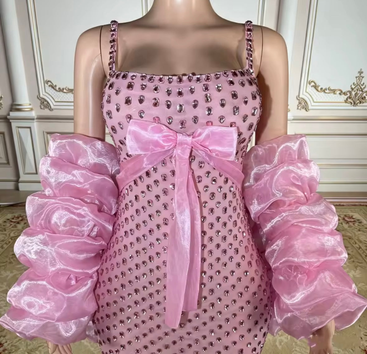 Pink Bow Rhinestone Sleeveless Sexy Maxi Dress