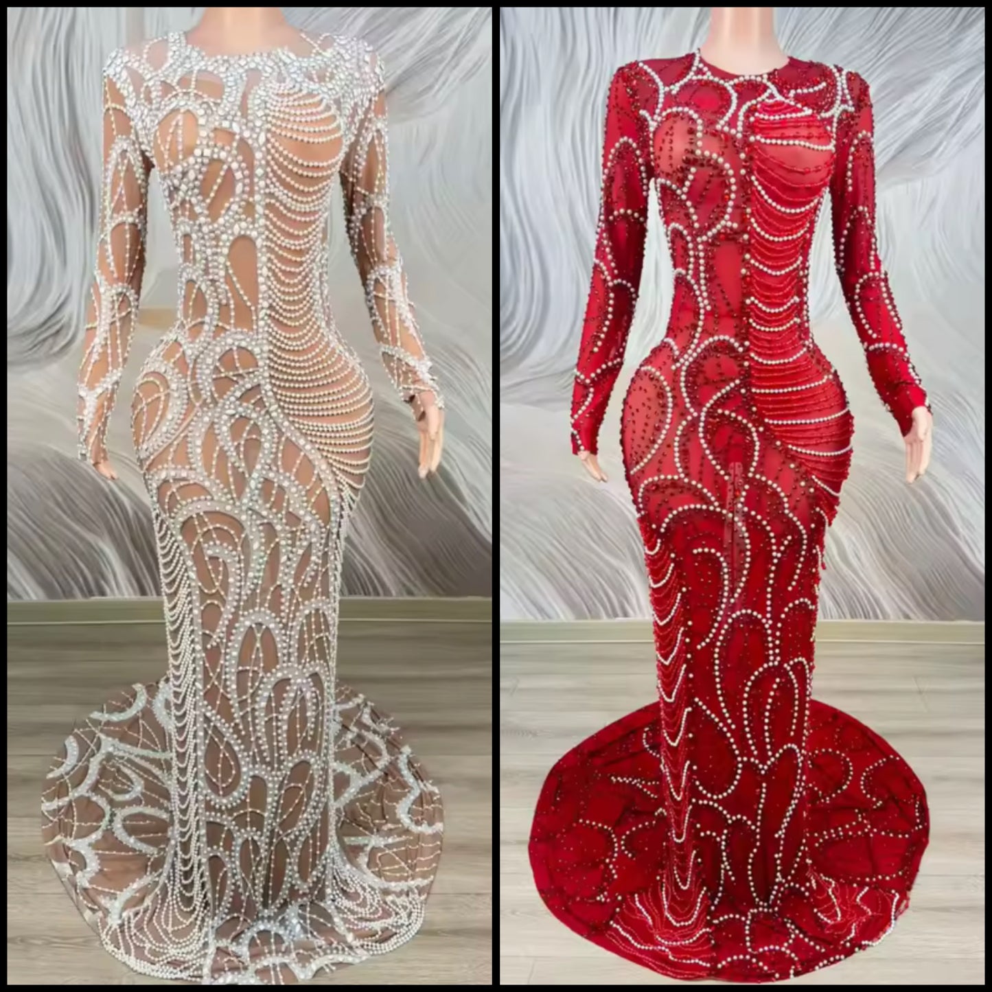 Elegant Pearl Rhinestone Embellishment Floor-Length Dress
