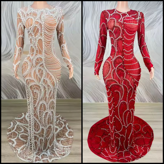 Elegant Pearl Rhinestone Embellishment Floor-Length Dress