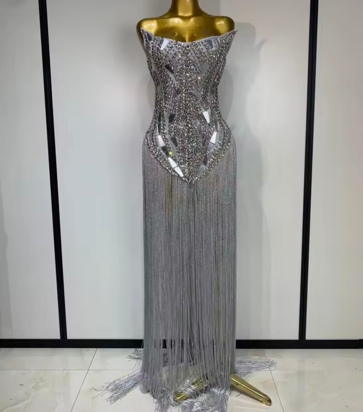 Sexy Silver Strapless Rhinestone Fringe Tassel Maxi Dress