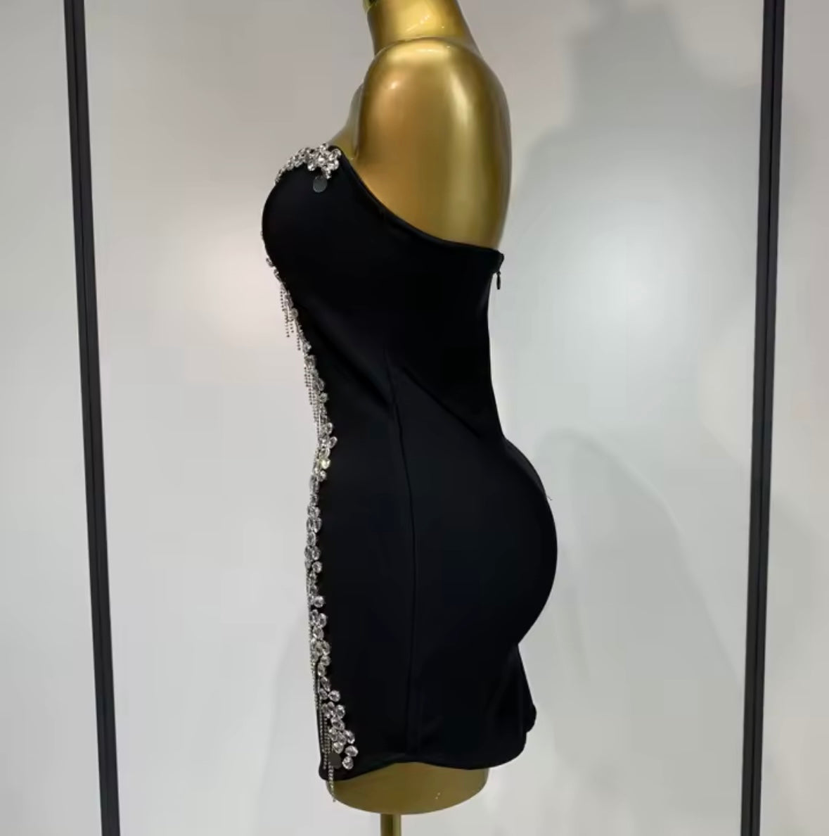Sexy Black Strapless Rhinestone Tassel Bandage Dress