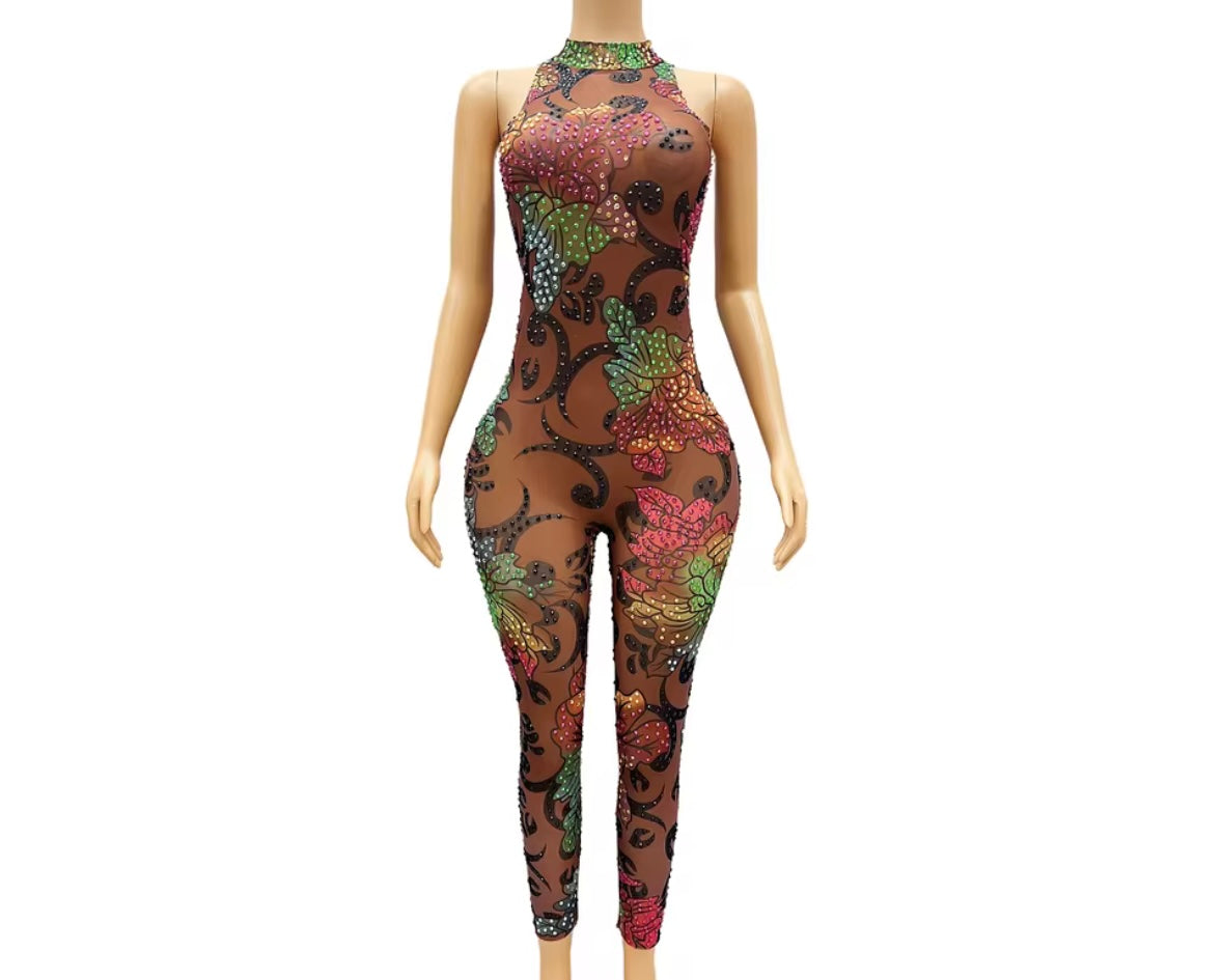 Sexy Sleeveless Floral Rhinestone See Through Jumpsuit