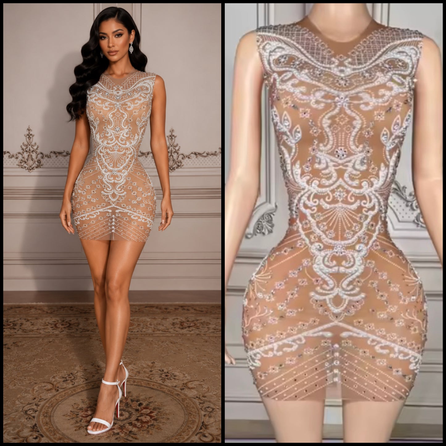 Sexy Sleeveless Rhinestone Printed See Through Dress