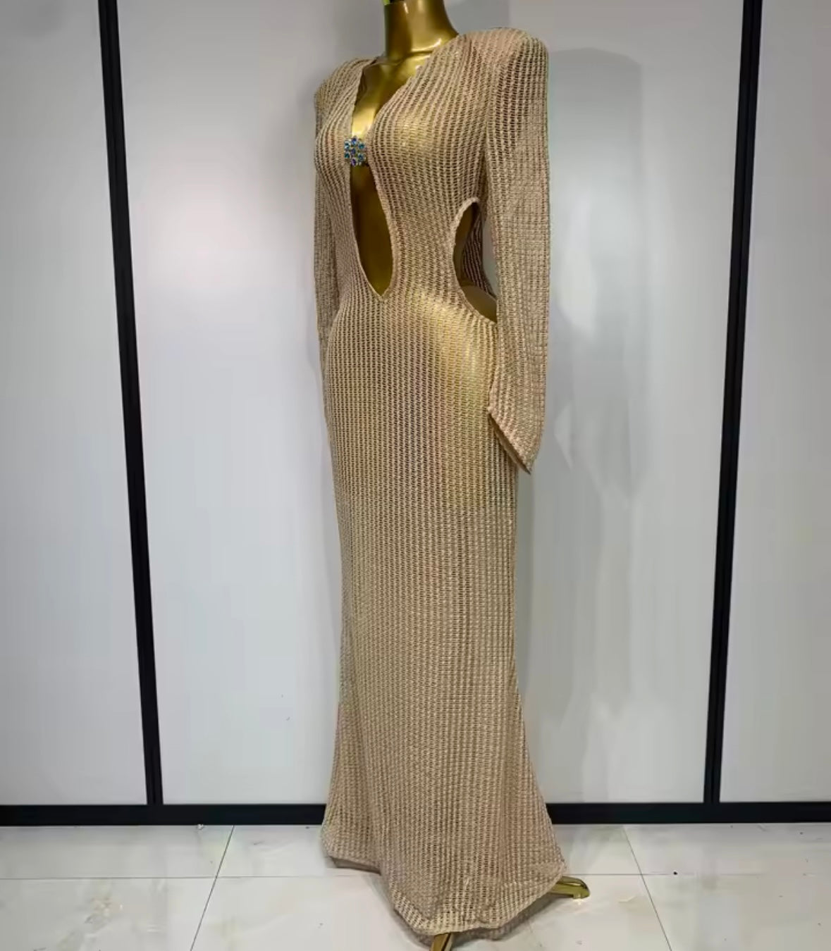 Gold Hollow Out Full Sleeve Sexy Floor-Length Dress