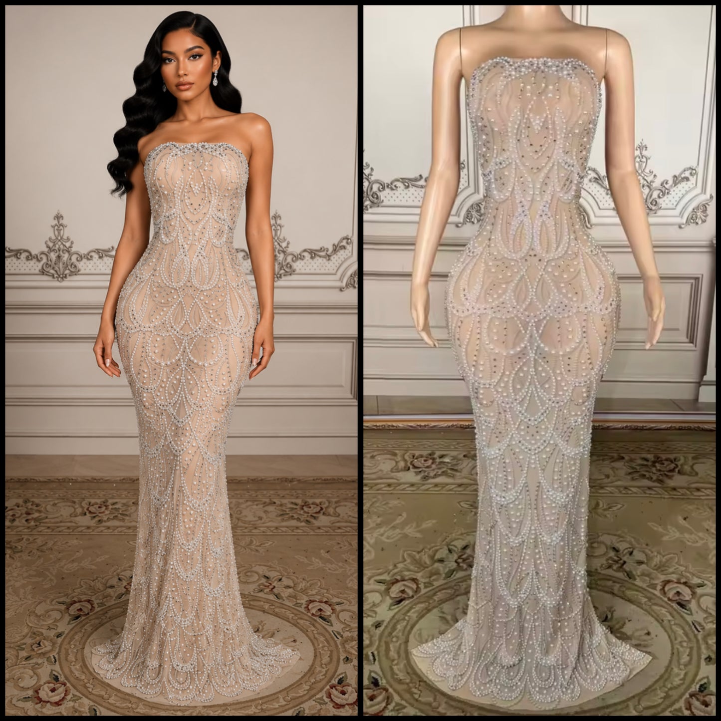 Sexy Strapless Beaded Rhinestone Floor-Length Dress