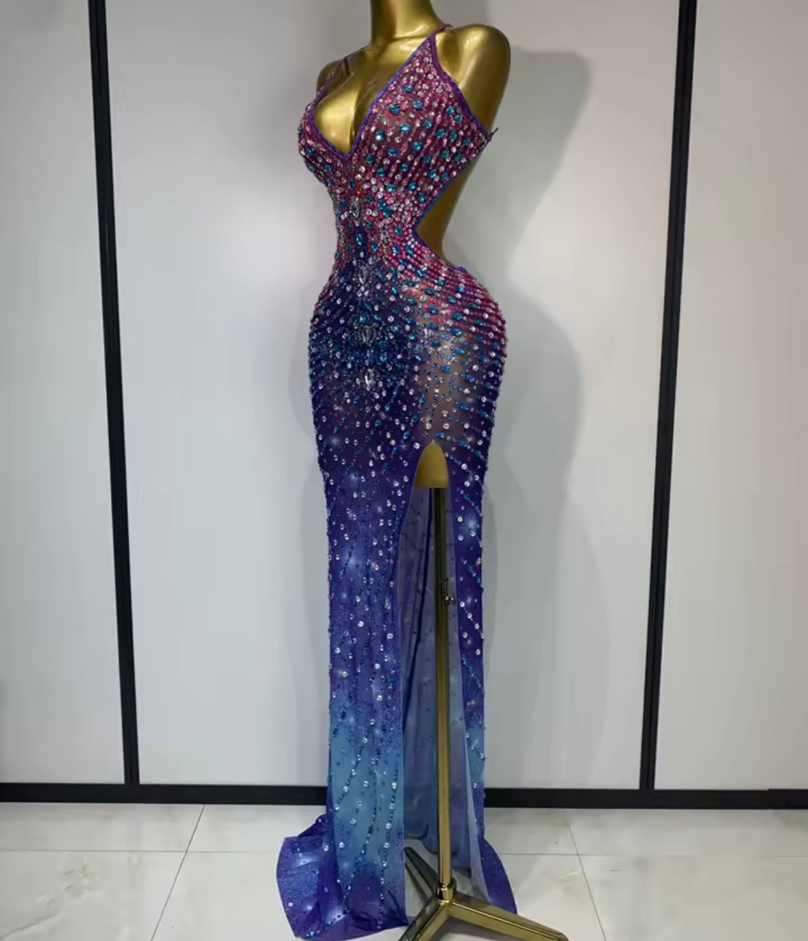 Multicolored Sexy Halter Open Back Rhinestone Side Split Maxi Dress