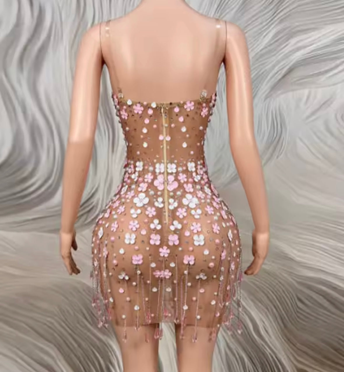 Sexy Sleeveless Rhinestone Pearl Floral Tassel See Through Dress