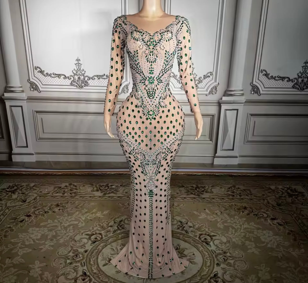 Elegant Rhinestone Embellishment Full Sleeve Floor-Length Dress