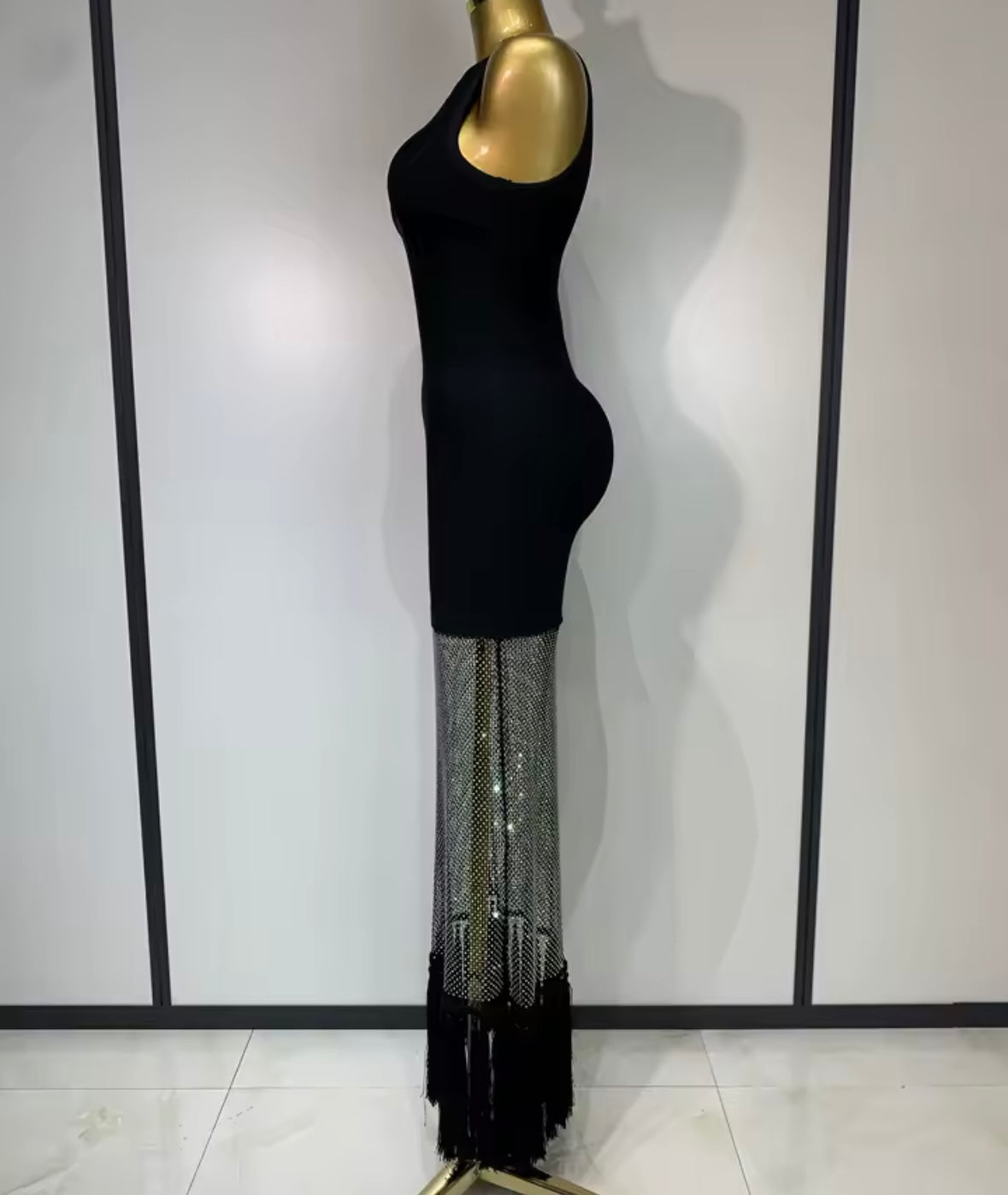 Black Sexy Sleeveless Sparkly Rhinestone Tassel Maxi Dress