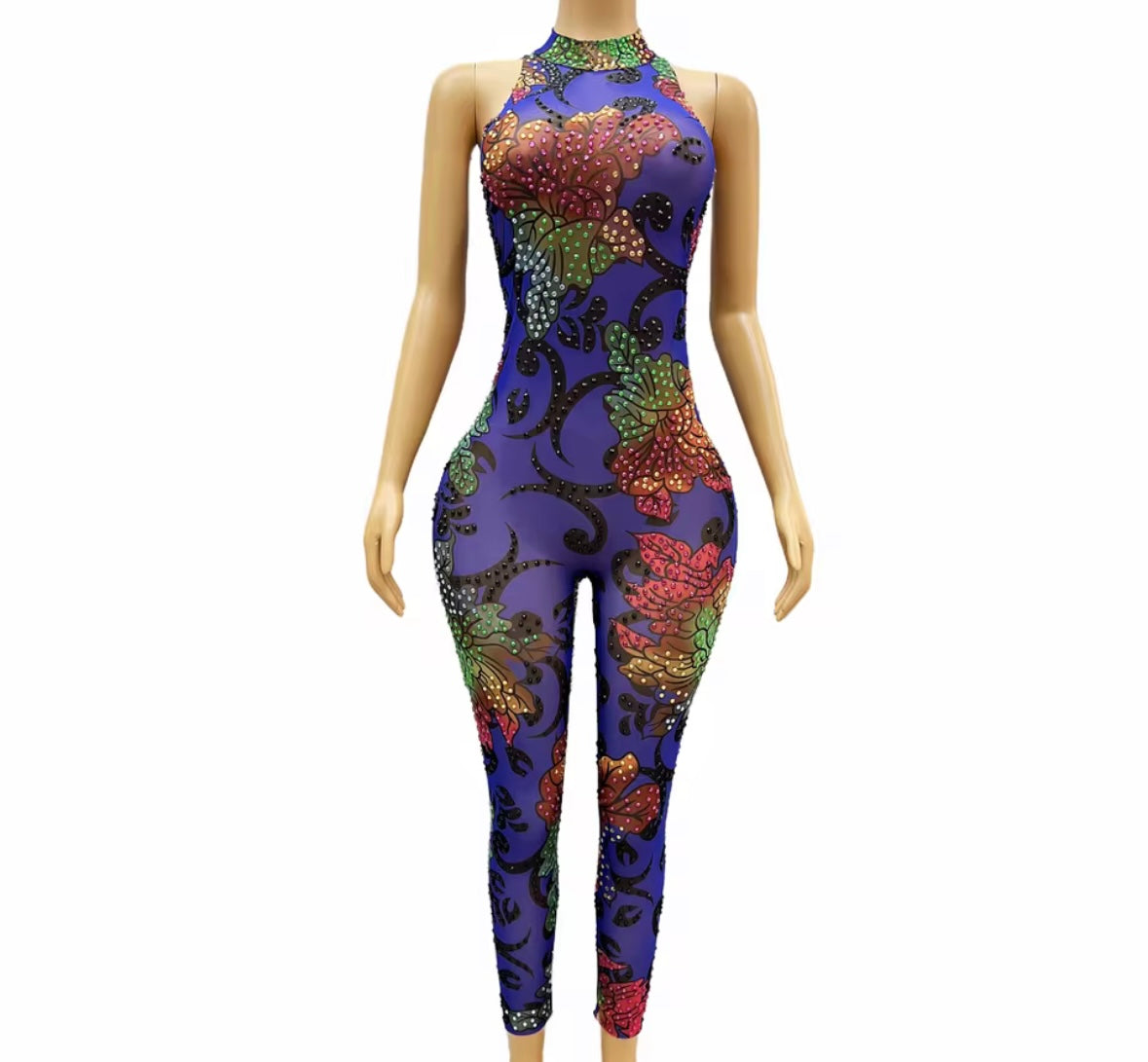 Sexy Sleeveless Floral Rhinestone See Through Jumpsuit