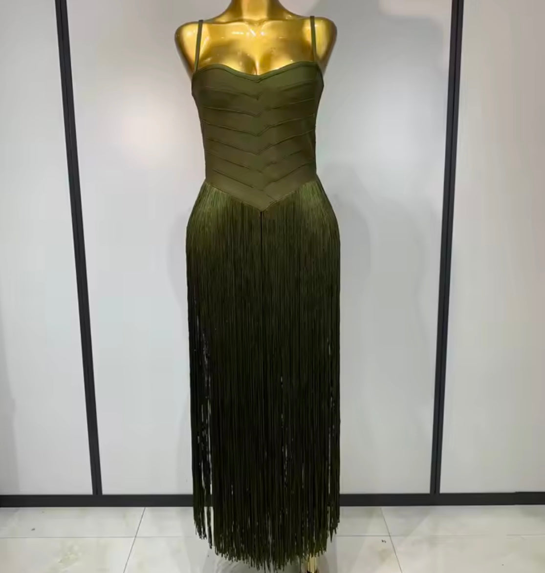 Women Green Sleeveless Fringe Tassel Sexy Maxi Dress