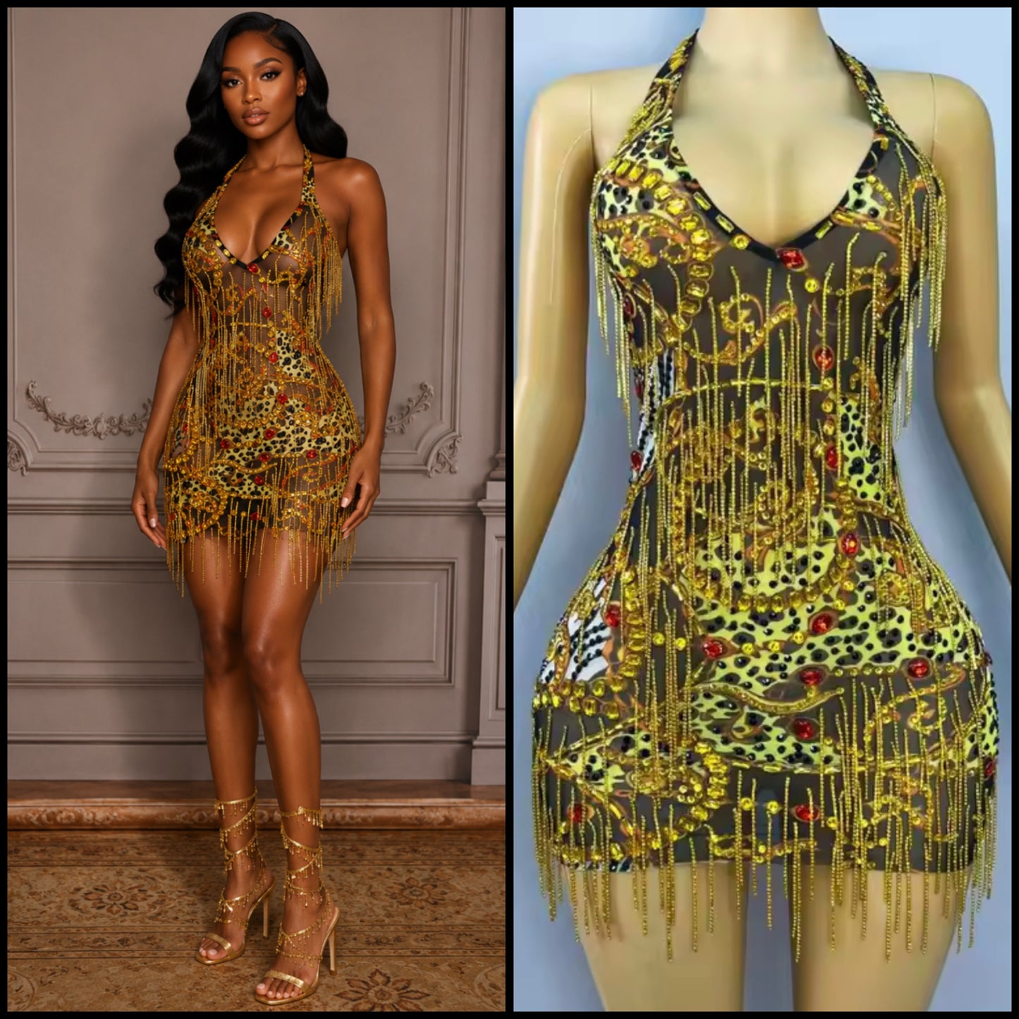 Sexy Halter Sleeveless Printed Tassel See Through Dress