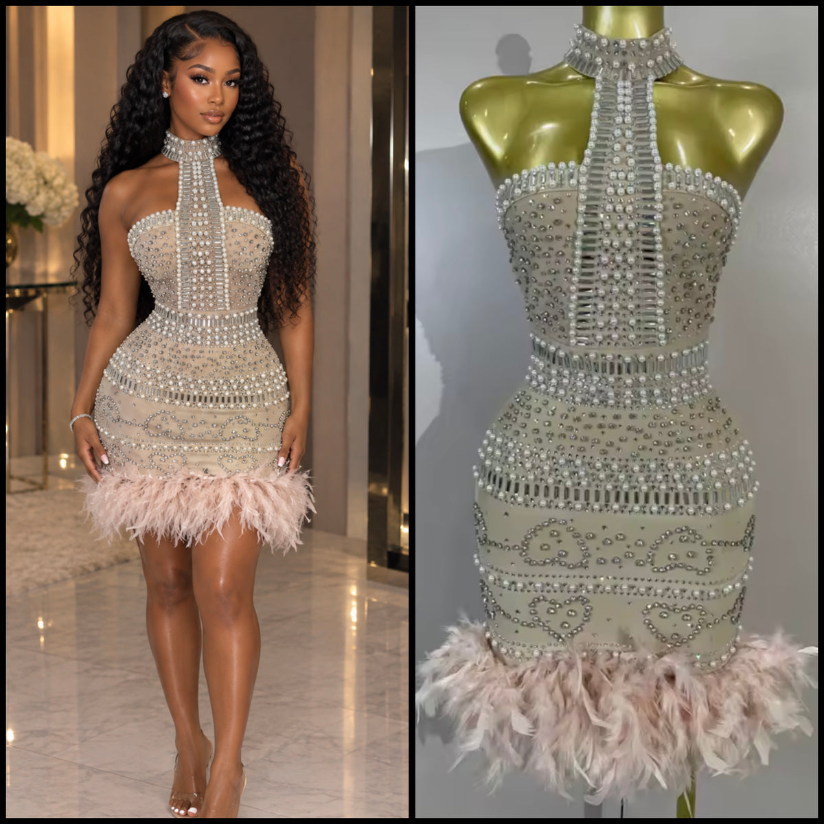 Sexy Halter Sleeveless Rhinestone Pink Feather Dress