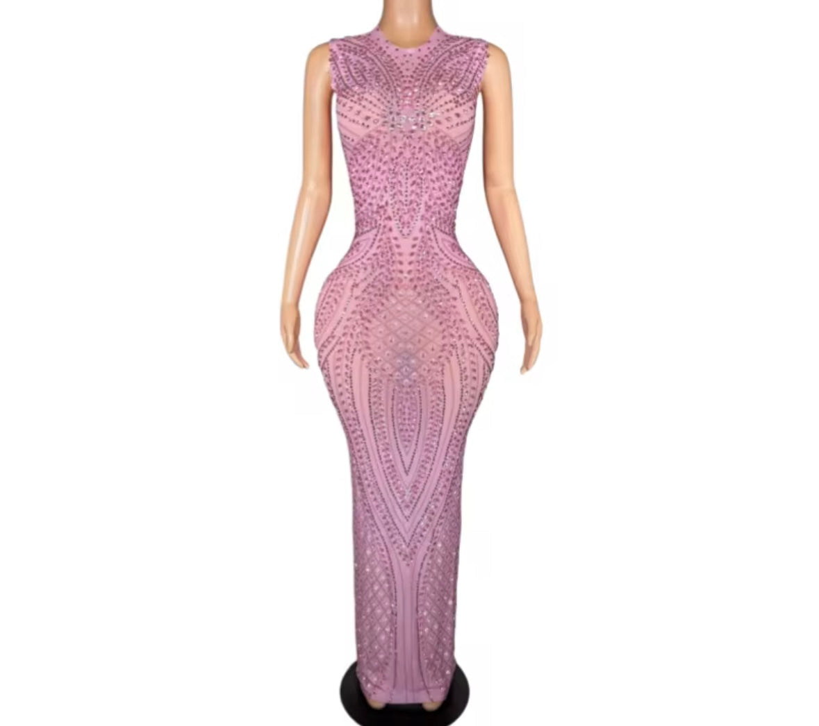 Sexy Pink Sleeveless Rhinestone Embellishment Maxi Dress