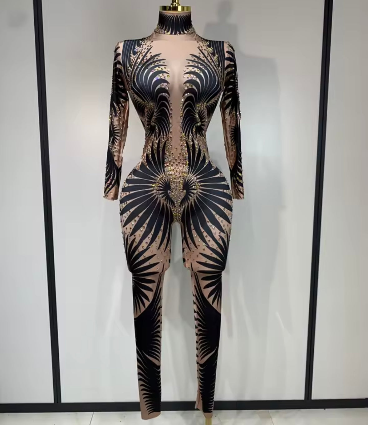 Sexy Rhinestone Embellishment Printed Full Sleeve Jumpsuit