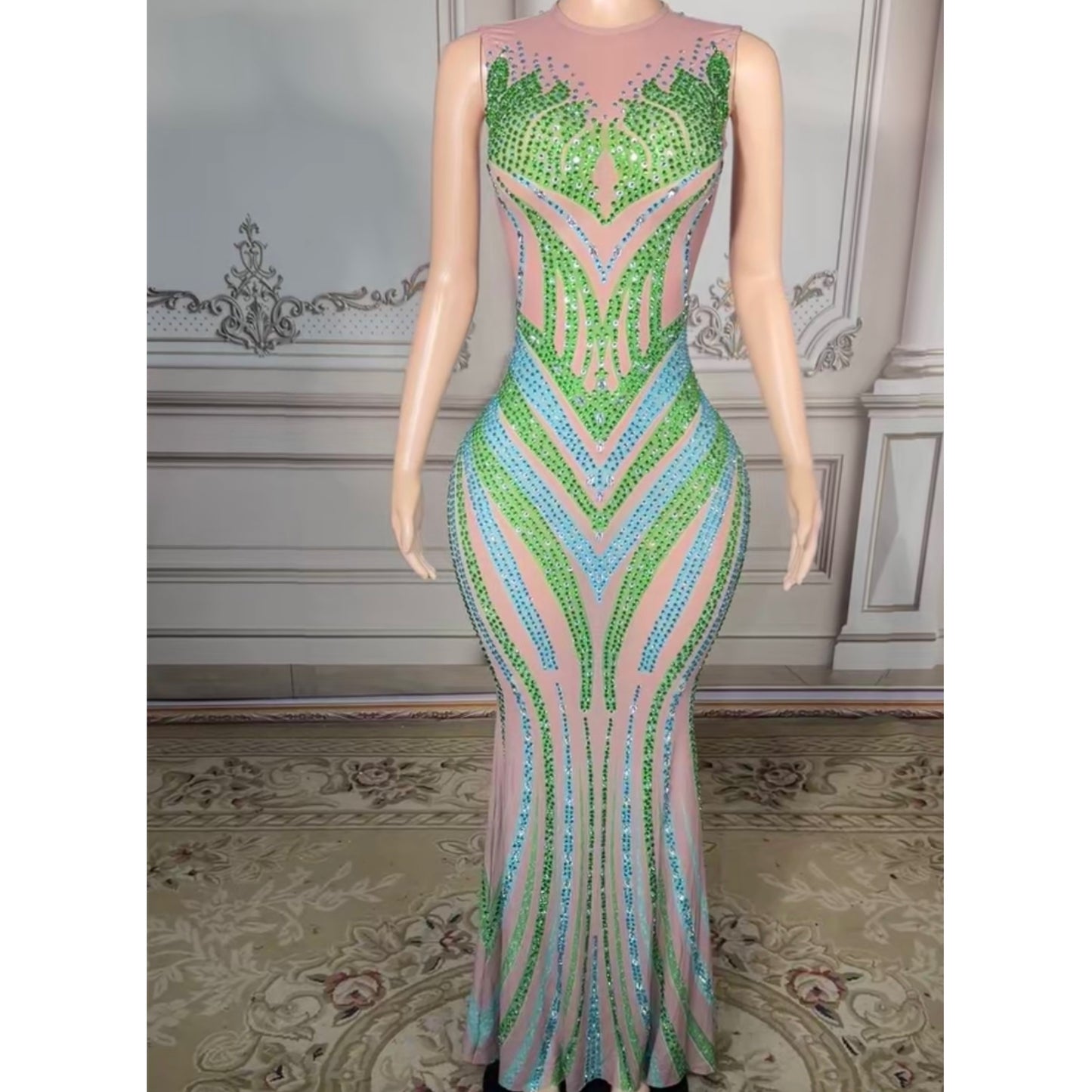 Sexy Rhinestone Sleeveless Floor-Length Dress