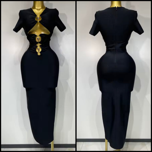 Sexy Black Metal Hollow Out Short Sleeve Dress
