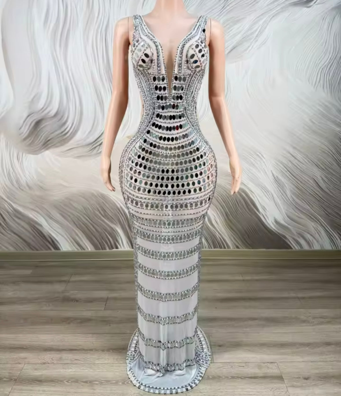 Sexy Sleeveless Mirror Rhinestone Embellishment Maxi Dress