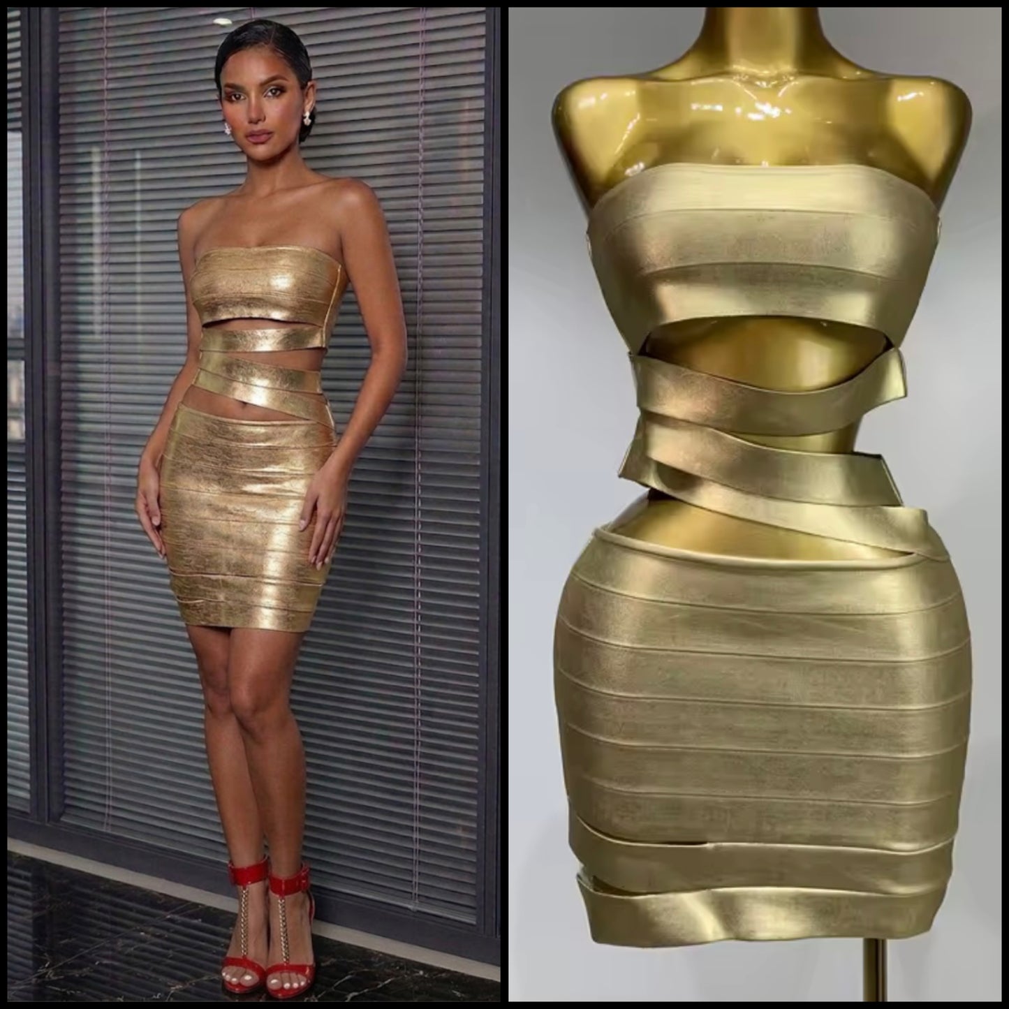 Gold Strapless Hollow Out Sexy Bandage Dress