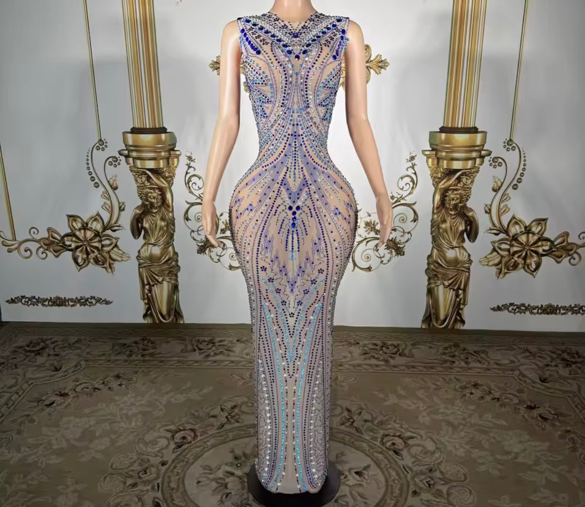Blue Rhinestone Sleeveless Sexy See Through Maxi Dress