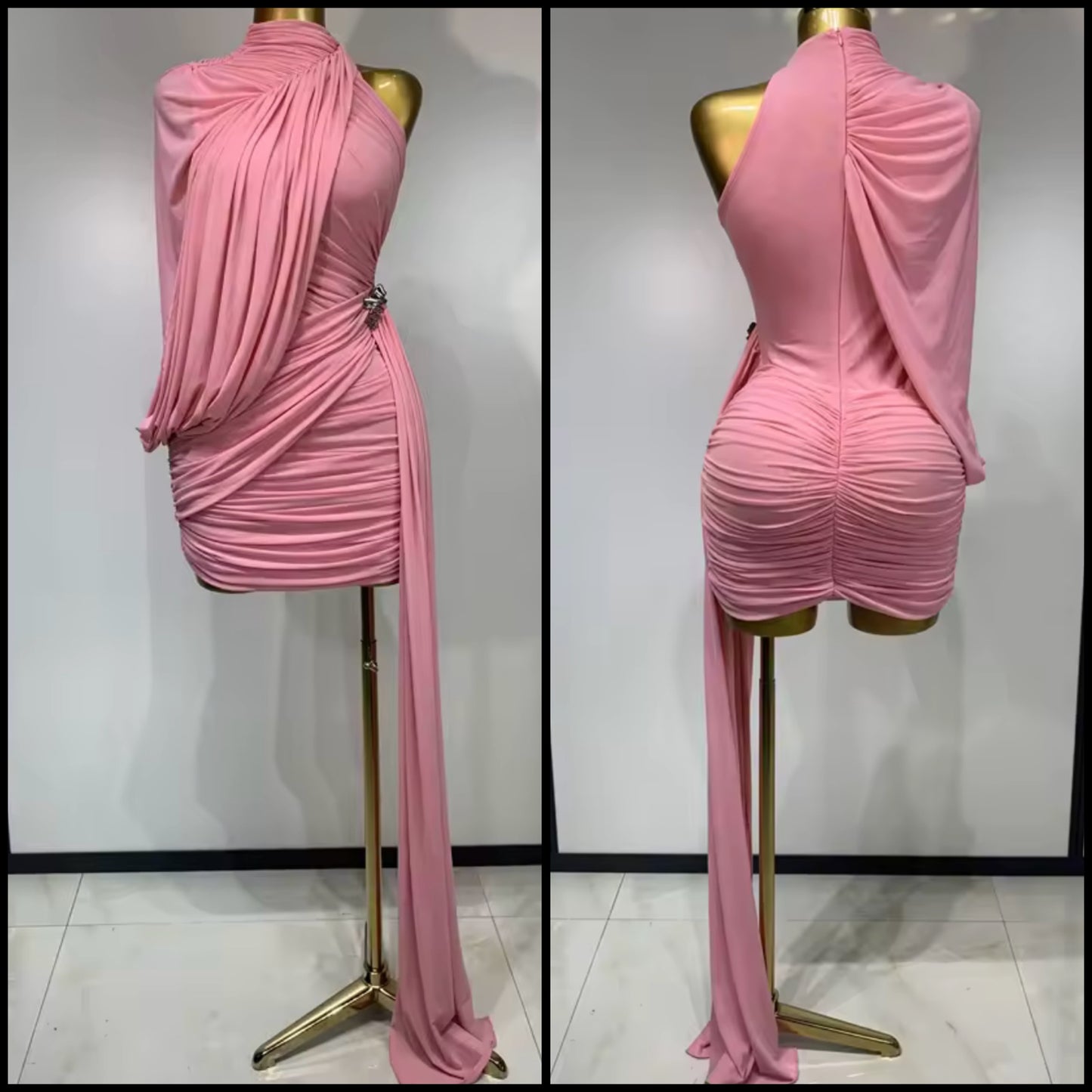 Pink Sexy Sleeveless Draped Ruched Dress