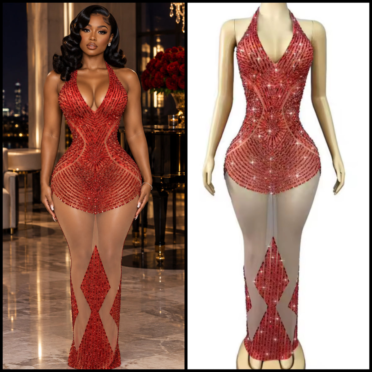 Sexy Halter Sleeveless Rhinestone See Through Maxi Dress