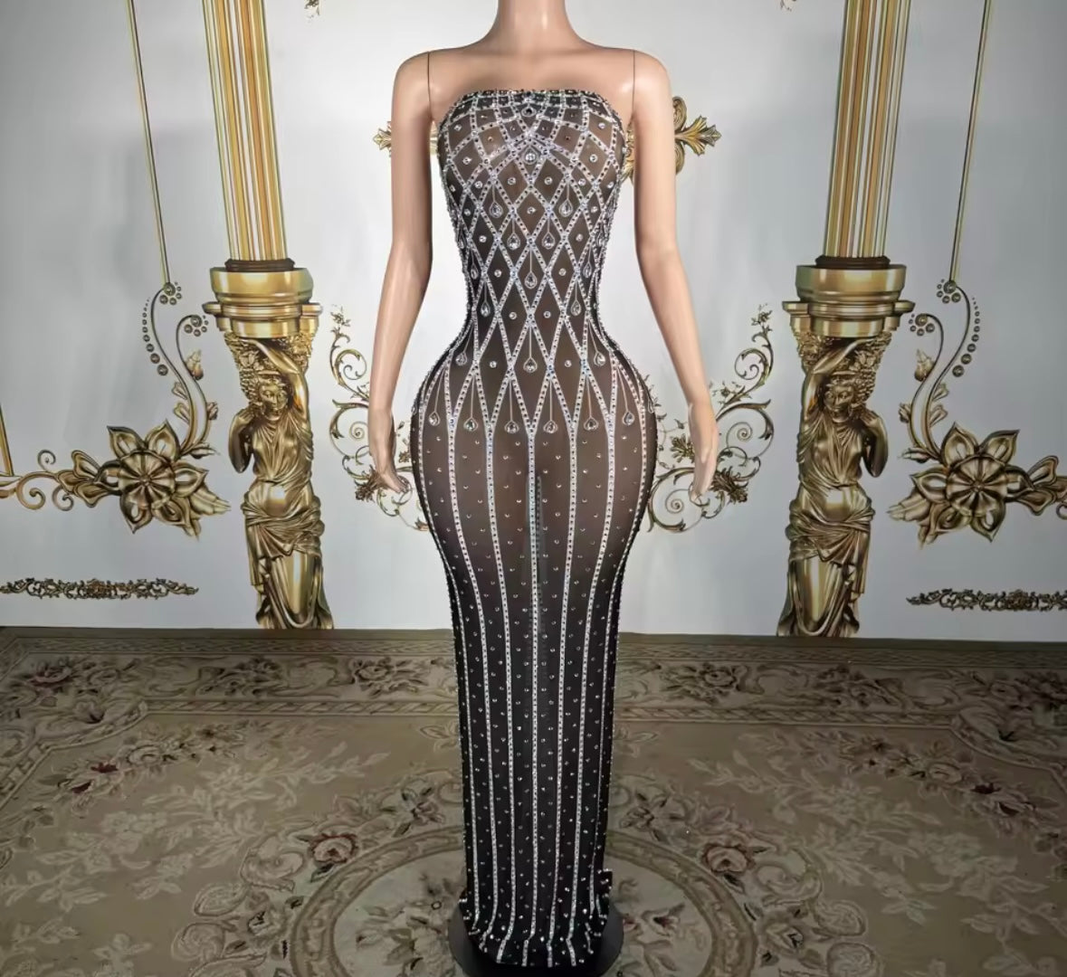 Black Sexy Strapless Rhinestone Embellishment Maxi Dress