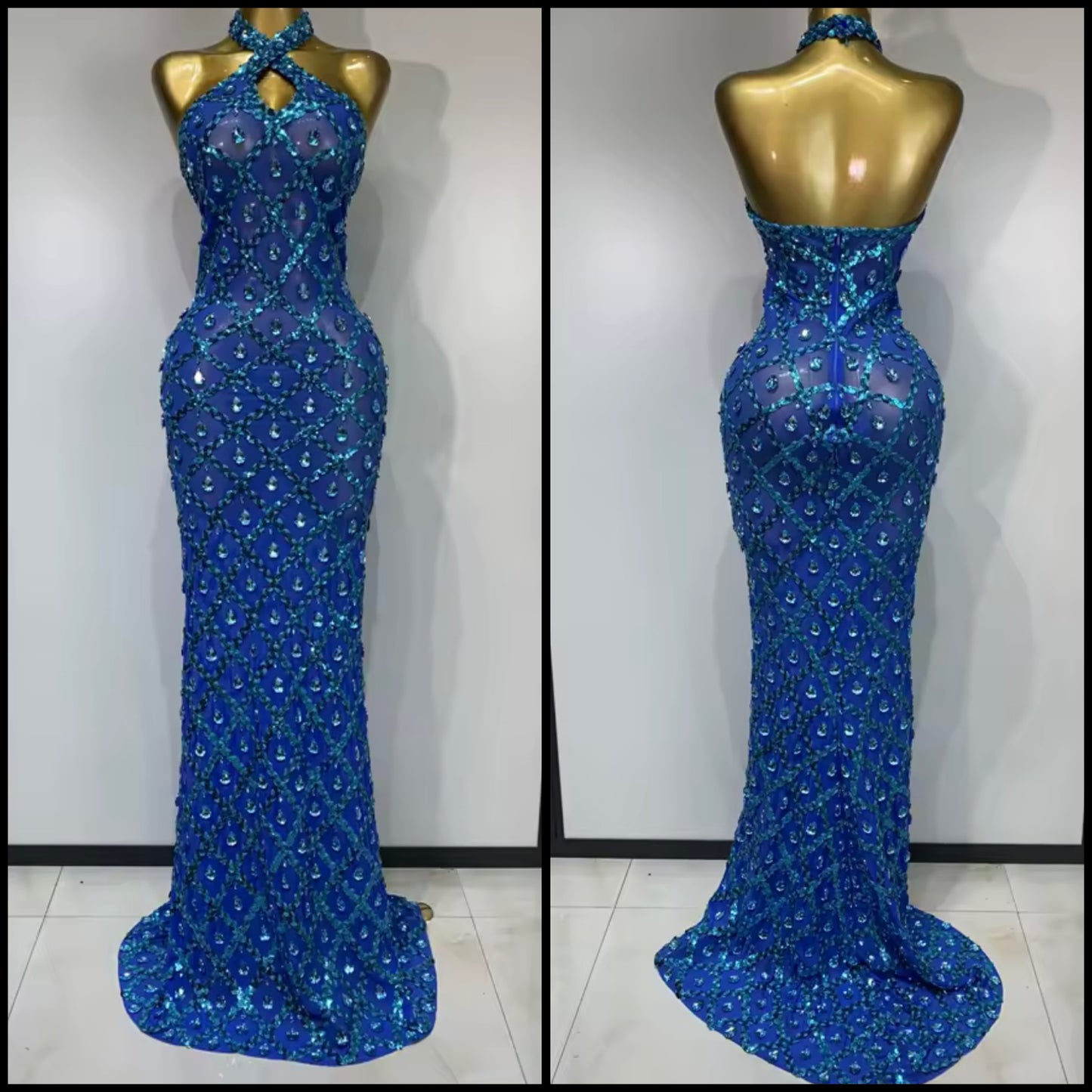 Sexy Blue Crystal Halter Floor-Length Dress