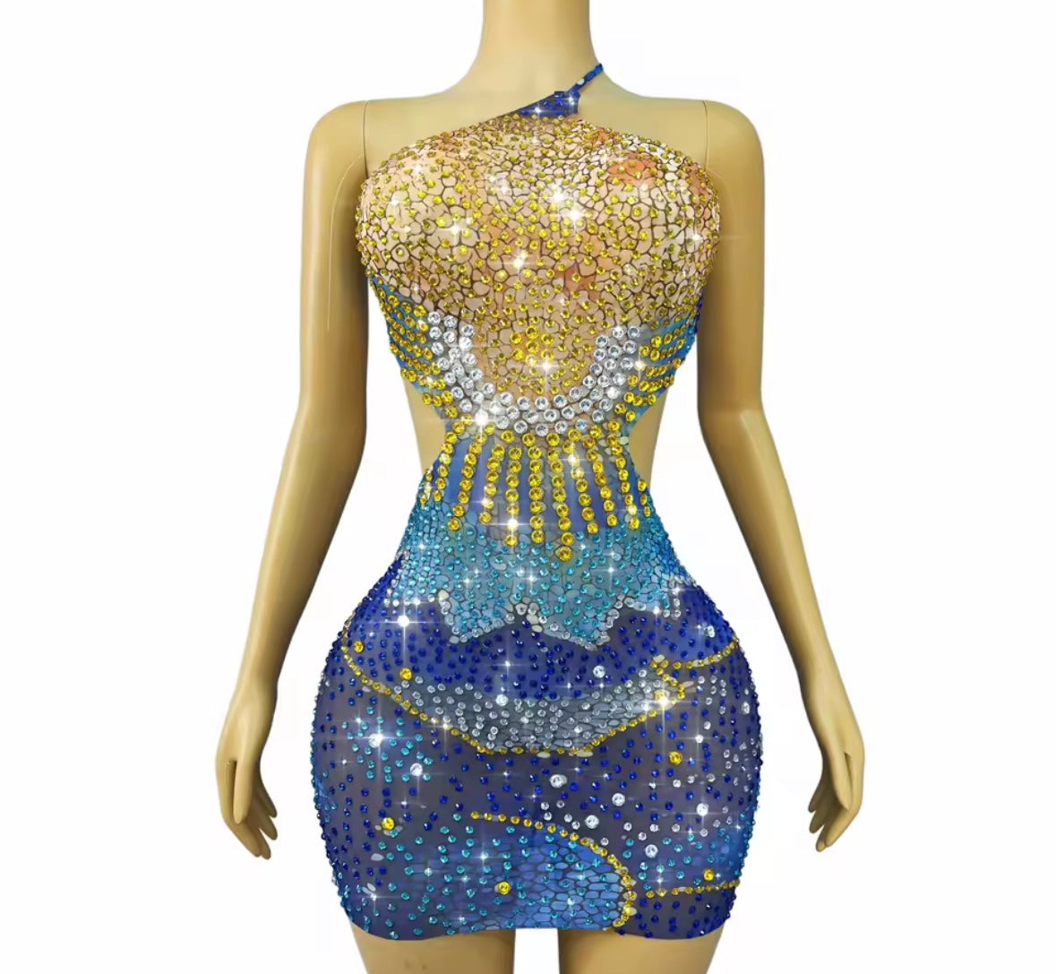 Sexy One Shoulder Sleeveless Open Back Rhinestone Dress