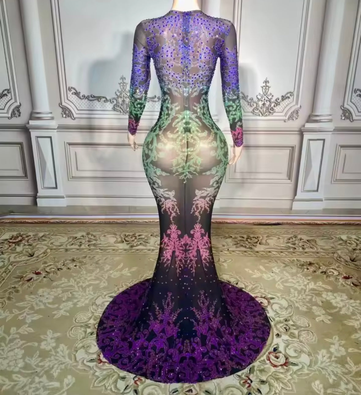 Sexy Colorful Rhinestone Full Sleeve See Through Mermaid Dress
